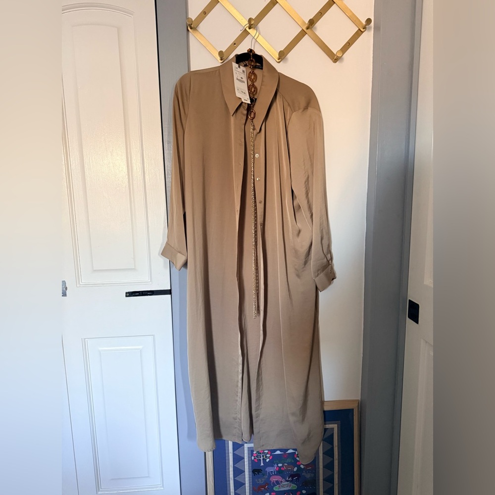 Zara Beige Women's satin shirt dress